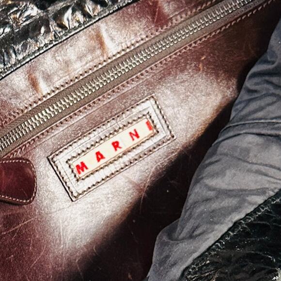 Marni Croc Embossed Black Leather Archival Bag Italy HOBO Brown Shoulder Tote - Picture 7 of 10